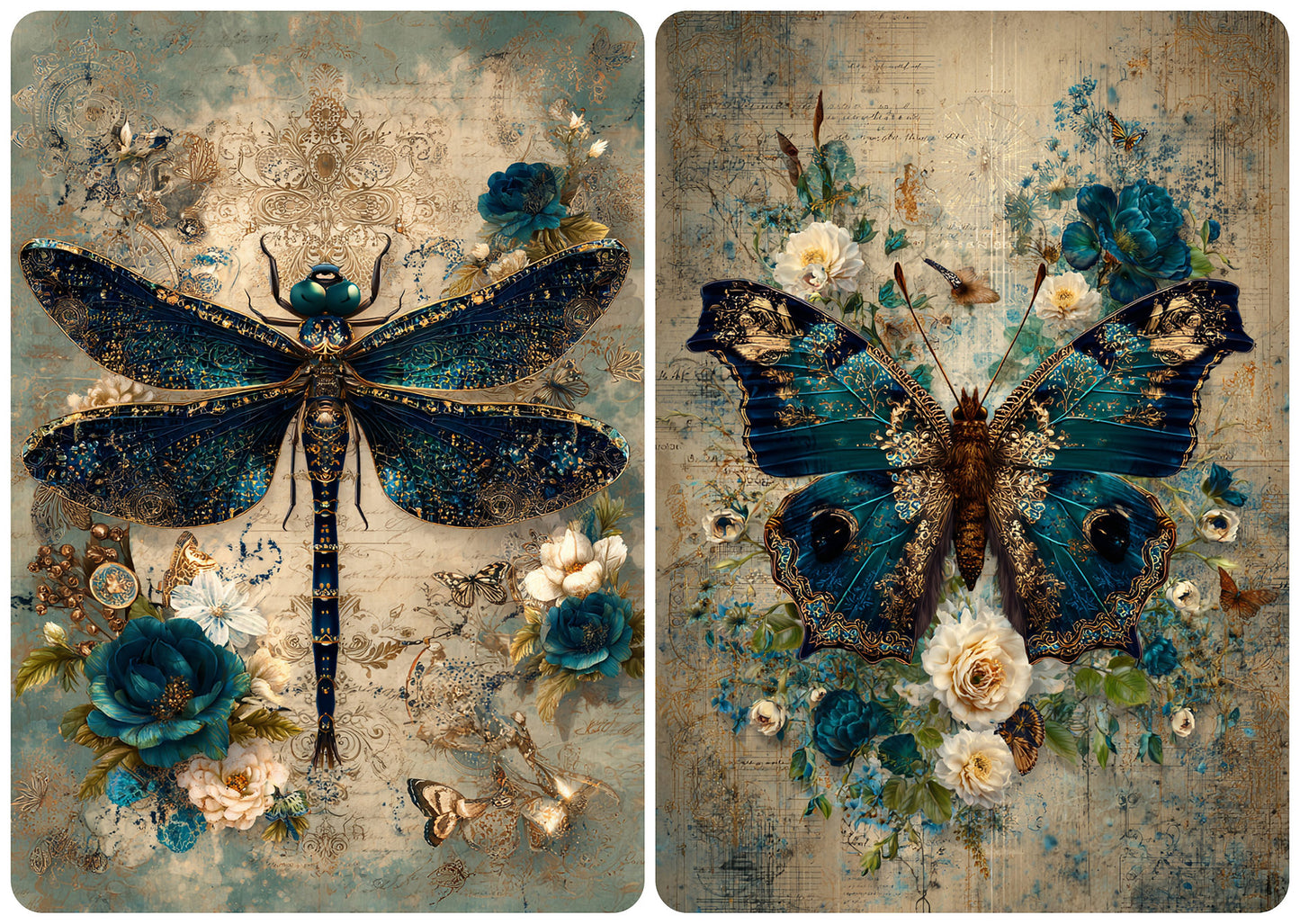 Reba Rose Rice Paper for Decoupage, Blue and Gold Fire Fly, Butterfly, Mixed Media, A4, 8.27 X 11.6