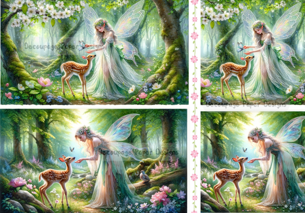 Decoupage Creatives, Rice Paper, Mixed Media, Fairies, Deer, Fantasy, Butterflies, Forest, Mystical, Squares, A4 8.27 X 11.69, DPD-429
