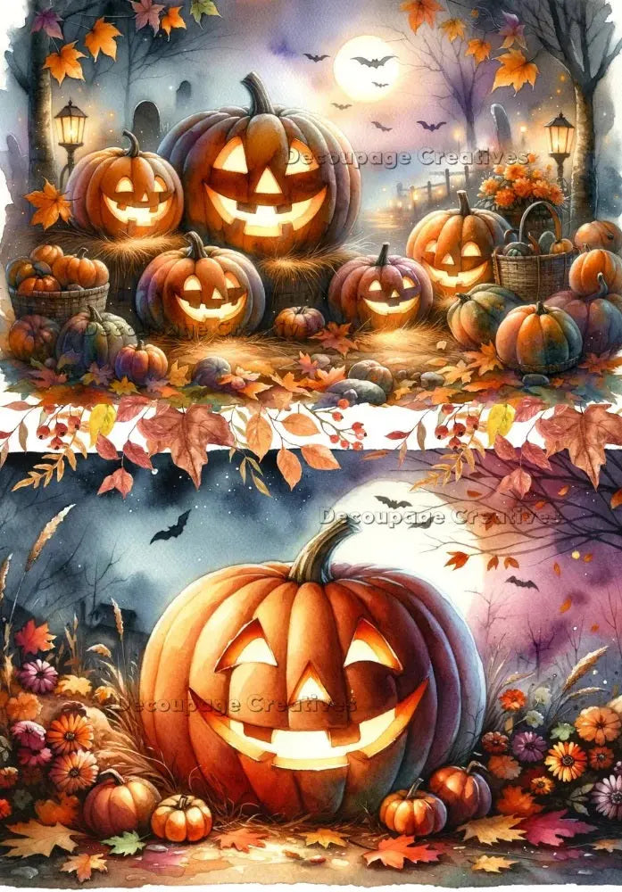 Decoupage Creatives, Rice Paper, Happy, Halloween, Pumpkins, Jack-O-Lanterns, Decorations, Squares, Mixed Media, A4 8.27 X 11.69 DPD516 Decoupage Creatives