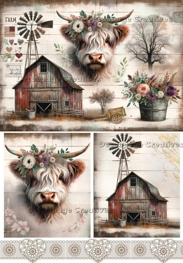 Decoupage Creatives, Rice Paper, Farm, Animals, Barn, Cows, Steer, Flowers, Squares, Mixed Media, A4 8.27 X 11.69 DPD522
