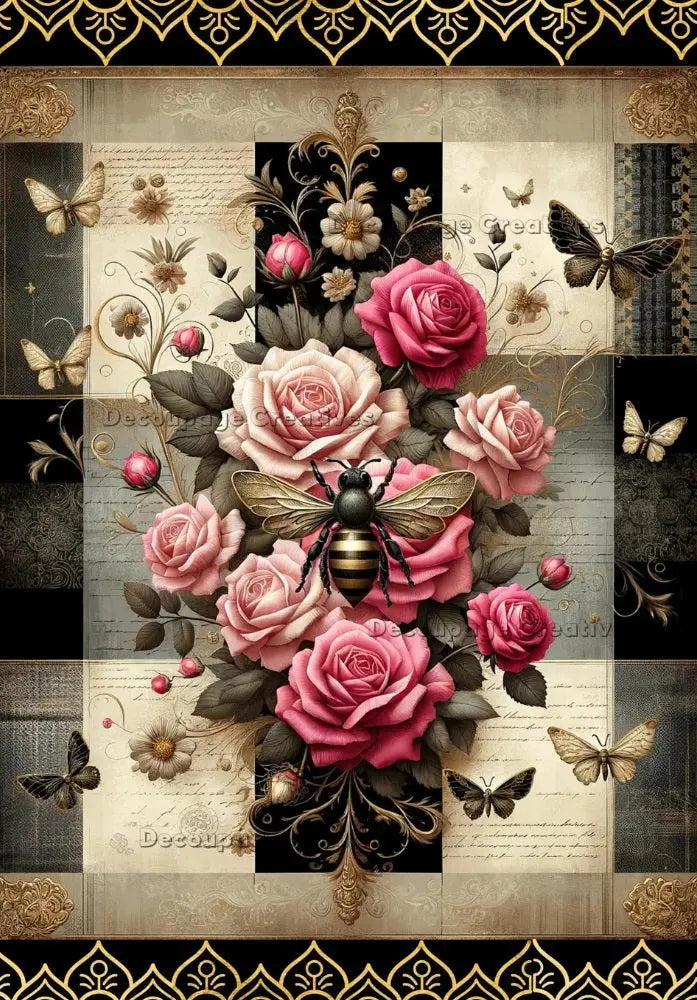 Handcrafted, Home Decor, Decoupage, Mixed Media, Home Decor, Plaque, Panel, Pink Roses Bouquet, Bee, Shabby Chic, Black, Handmade by Pamela Handmade by Pamela