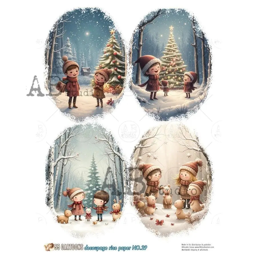 AB Studio, Cartoons, Rice Paper, Christmas, Trees, Children Characters, Cartoons, Snow Scenes, Rounds, Ornament, Circles, A4, 8.2 X 11.7 AB Studio