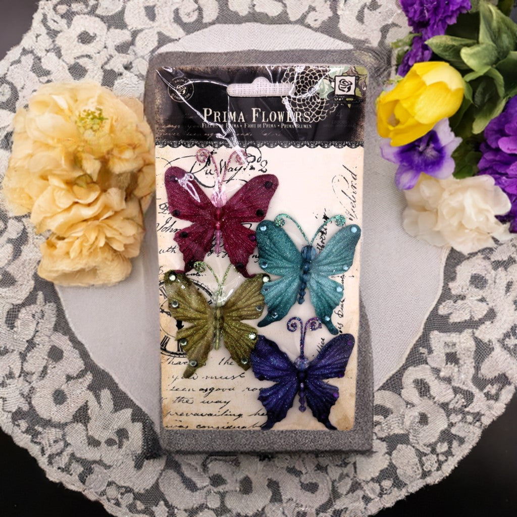 Prima Marketing, Paper, Scrapbooking, Mixed Media, Fantasy Jewel, Butterflies, 4 Piece, 5 × 9 × 1 in