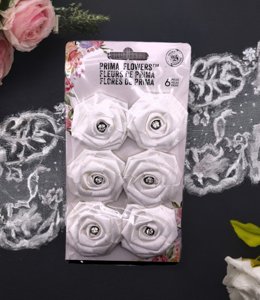 Prima Marketing, Paper Flowers, Allure Aurora, White Roses, Rhinestones, 6 pc Mix, Scrapbooking, Mixed Media, Crafts, 553104