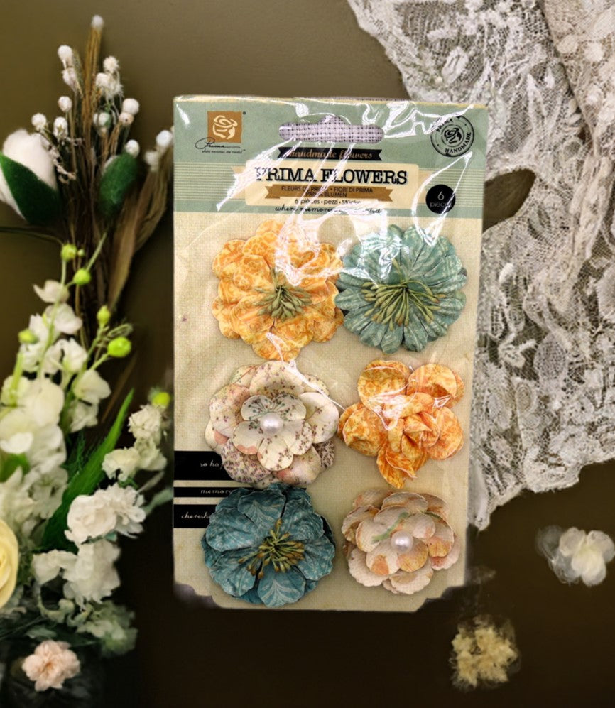 Prima Marketing, Paper Flowers, Vinetta Collection, Song Bird, Green, Orange, Blue, 6 pc Mix, Scrapbooking, Mixed Media, Crafts, 555559