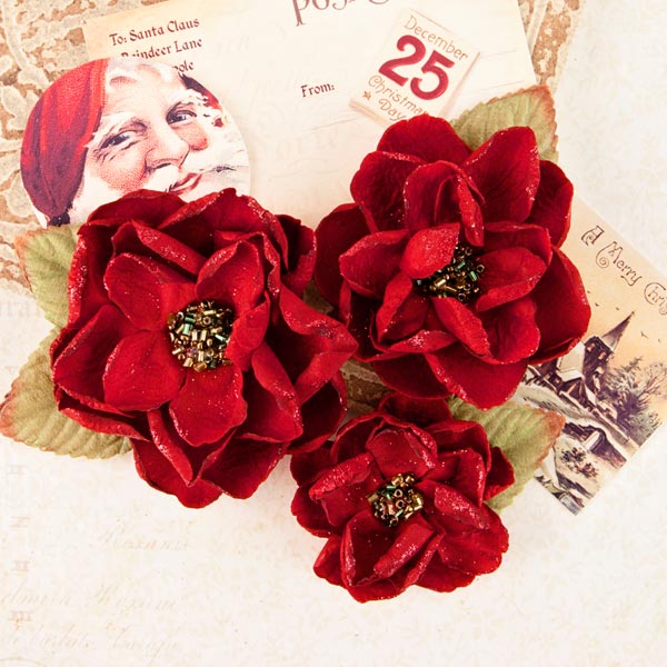 Prima Flowers, Paper, Scrapbooking, Mixed Media, Victorian Christmas, Peace, Holly, Red, Sparkly, Peonies, Rhinestones, 3 Piece, 583408