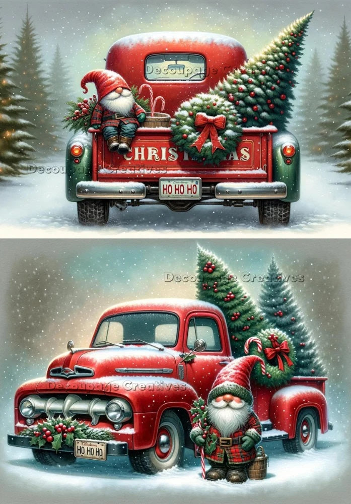 Decoupage Creatives, Rice Paper, Gnomes, Winter, Christmas, Vintage Red Truck, Squares, Winter, Mixed Media, A4 8.27 X 11.69 DPD594