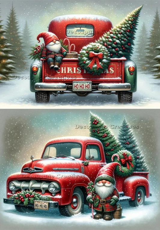 Decoupage Creatives, Rice Paper, Gnomes, Winter, Christmas, Vintage Red Truck, Squares, Winter, Mixed Media, A4 8.27 X 11.69 DPD594