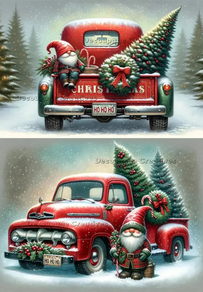 Decoupage Creatives, Rice Paper, Gnomes, Winter, Christmas, Vintage Red Truck, Squares, Winter, Mixed Media, A4 8.27 X 11.69 DPD594 Decoupage Creatives