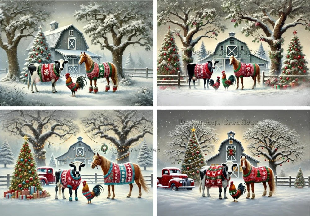 Decoupage Creatives, Rice Paper, Barn, Animals, Christmas Sweater, Country, Snow, Mixed Media, Christmas, A4 8.27 X 11.69, DPD614