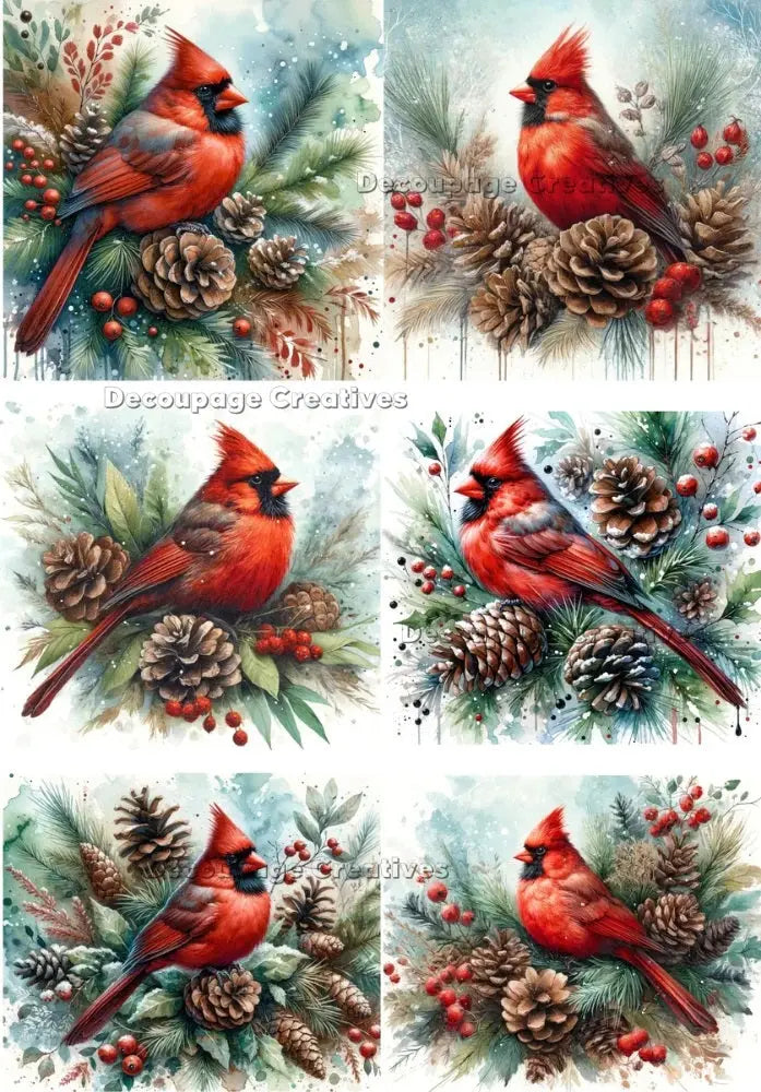 Decoupage Creatives, Rice Paper, Cardinals, Birds, Squares, Winter, Mixed Media, Christmas, Cards, A4 8.27 X 11.69 DPD617 Decoupage Creatives