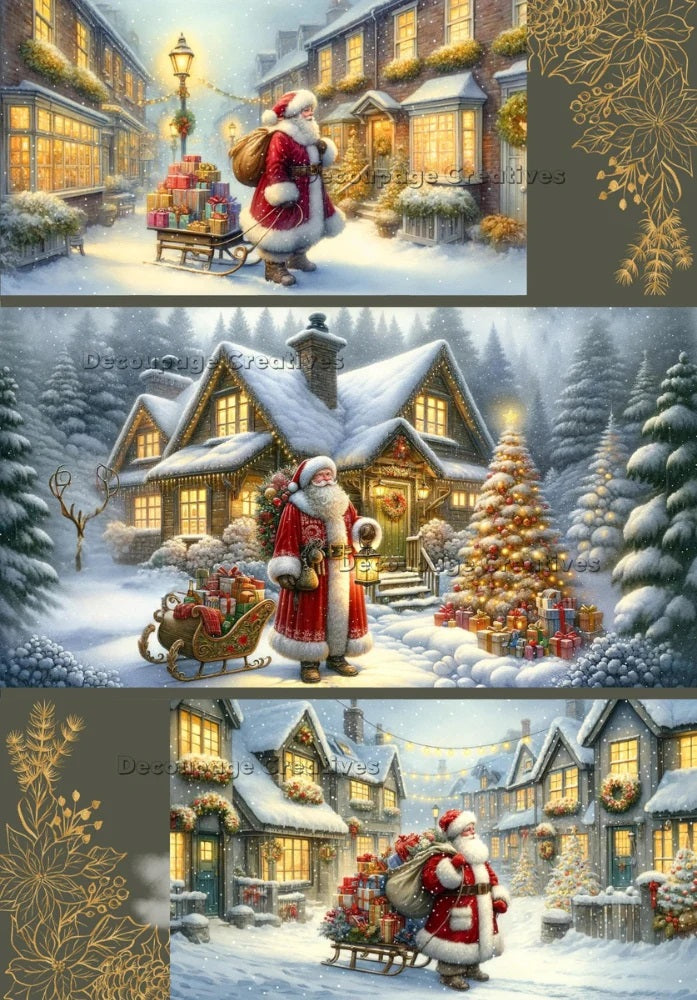Decoupage Creatives, Rice Paper, Santa Claus, Santa, Town, Street, Winter, Snow, Mixed Media, Christmas, A4 8.27 X 11.69, DPD632