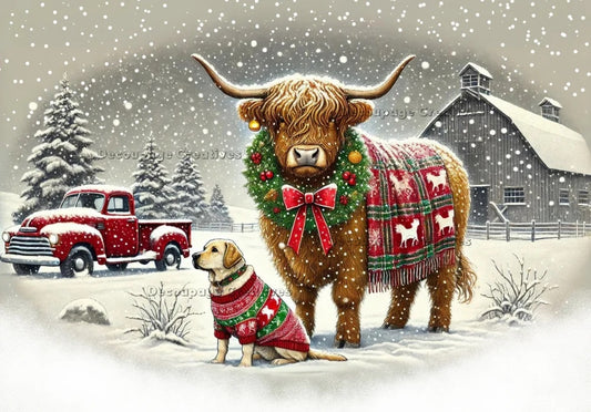 Decoupage Creatives, Rice Paper, Highlander, Yellow Lab, Winter, Snow, Vintage Truck, Mixed Media, Christmas, A4 8.27 X 11.69, DPD639