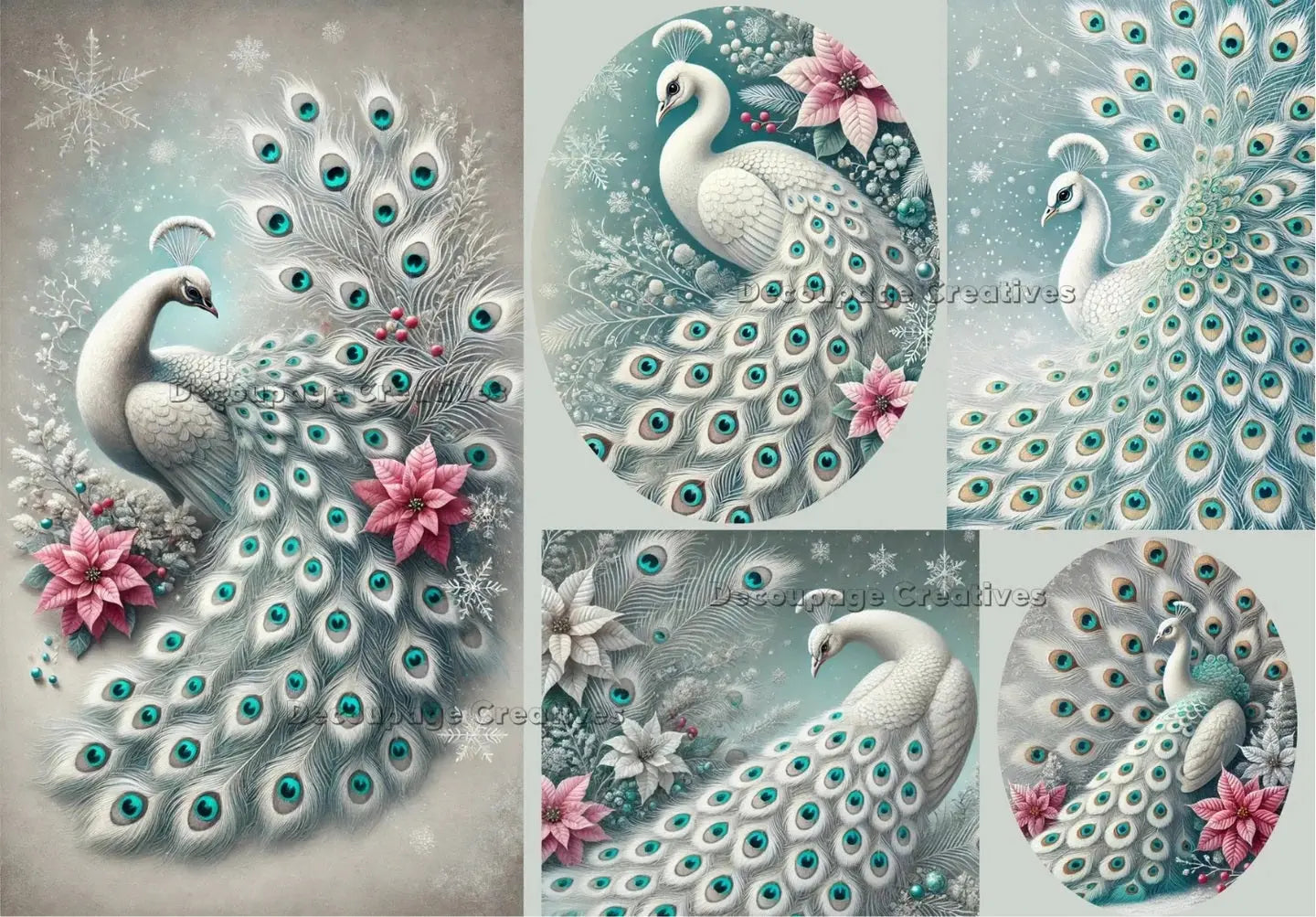 Decoupage Creatives, Rice Paper, Christmas, Winter Peacock, Blue, Squares, Rounds, Shabby Chic, Mixed Media, A4 8.27 X 11.69 DPD649 Decoupage Creatives