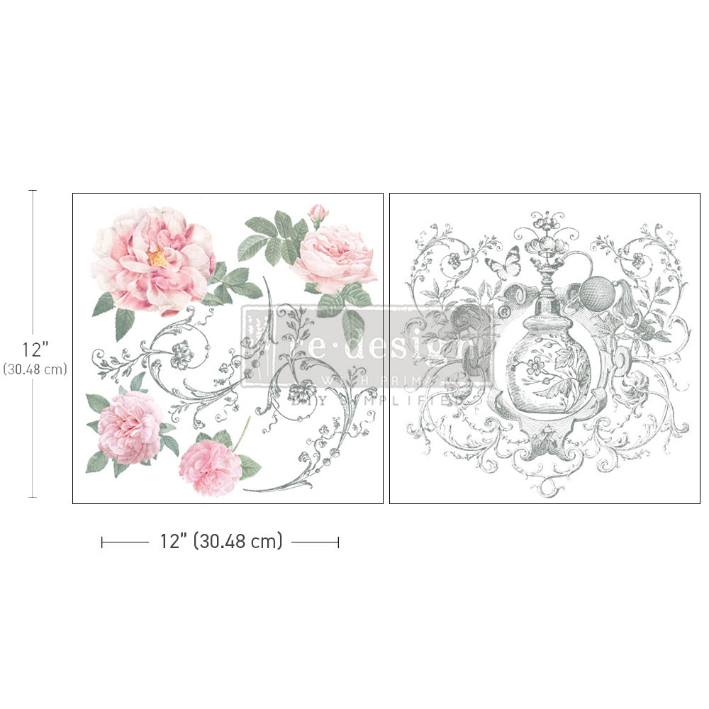 Re-Design with Prima, 2 sheets, Maxi Transfers, Odeur De Rose, French Style Flowers, Rub on Transfers, Shabby Chic, 2 sheets, 12″x12″