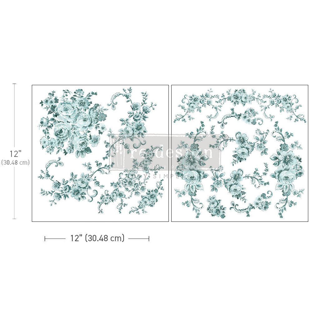 Re-Design with Prima, 2 sheets, Maxi Transfers, Minty Roses, Green Flowers, Rub on Transfers, 2 sheets, 12″x12″