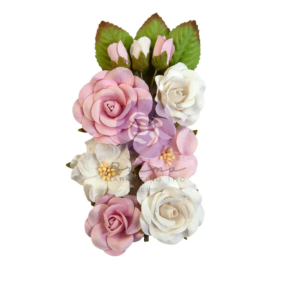 Prima Marketing, Handmade Paper Flowers, Avec Amour collection, Melodic Song, 12 Piece, Pink, White, Roses, Scrapbooking, Mixed Media 664497 Prima Marketing