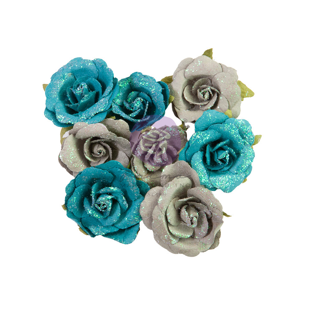 Prima Marketing, Paper Flowers, Lost in Wonderland Collection, Blue Illusion, Sparkly, Scrapbooking, Mixed Media, Crafts, 8 piece, 665777