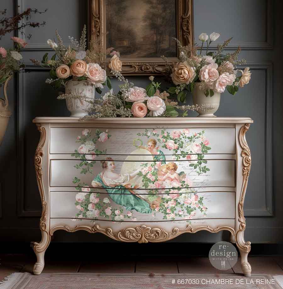 Re-Design with Prima, Decor Transfers, Chambre De La Reine, Roses, Florals, Script, Romantic, total size 24″x35″, cut into 2 sheets, 2024 Q1 Re-Design with Prima