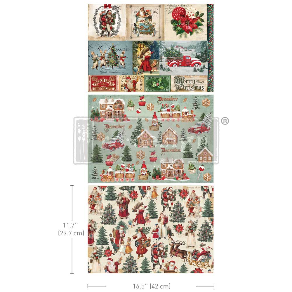 Re-Design with Prima, A3 Decoupage Fiber Pack, Christmas, Holidays, Santaland Sparkle , 3 sheets, 11.7″x16.5″ each, 2024 Q3 Release
