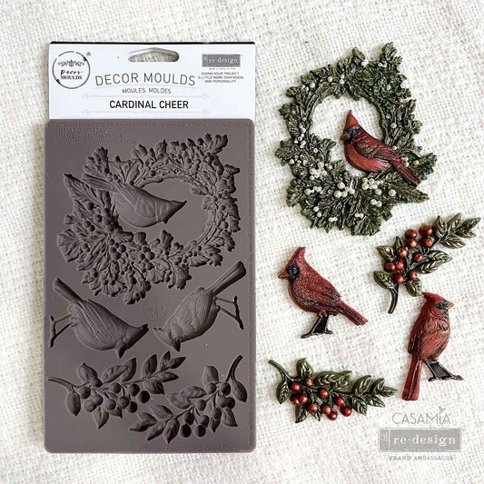 Re-Design with Prima, Limited Edition, Decor Mould, Mold, Cardinal Cheer, Holiday Collection, Food Safe, Silicone Mold, 8.00 × 5.00 × 0.31 in