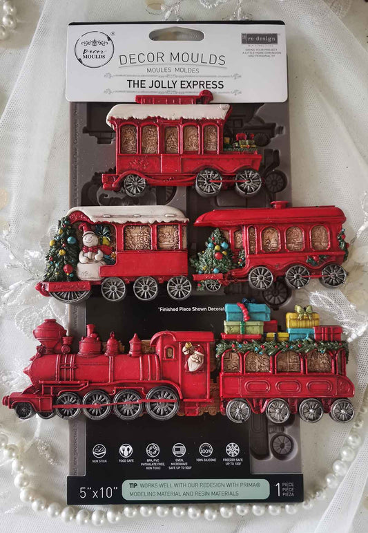 Re-Design with Prima, Limited Edition, Decor Mould, Train, Jolly Express, Holiday Collection, Food Safe, Silicone Mold, 10.75 × 5 × 0.31