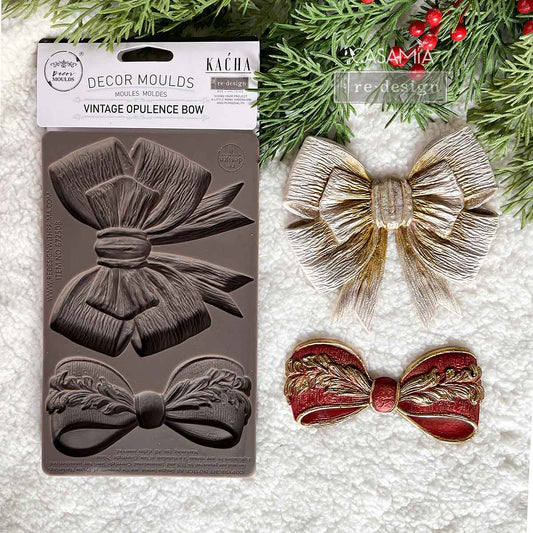Re-Design with Prima, Limited Edition, Decor Mold, Kacha, Vintage, Opulence, Bows, Christmas Collection, Food Safe, Silicone, 8 × 5 × 0.31 in