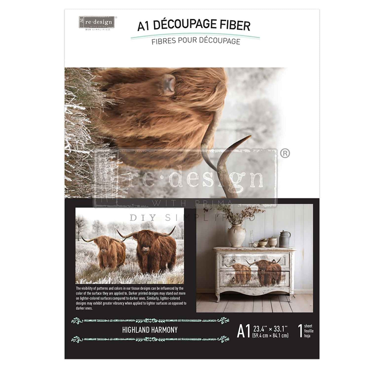 Re-Design with Prima, A1 Decoupage Fiber Pack, Highland Harmony, Animals, Farmhouse, Western, Mixed Media, Brown, Highland Cow, 23.4" x 33" Re-Design with Prima