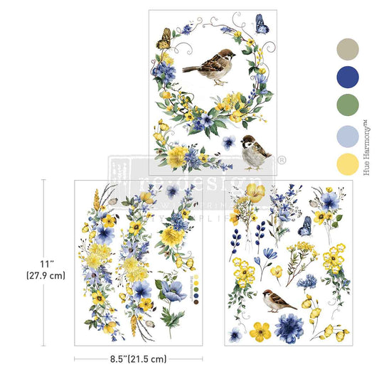Re-Design with Prima, Middy Transfers, Sunlit Aviary, Golden, Yellow Blossoms, Flowers, Birds, 3 sheets, 8.5″x11″