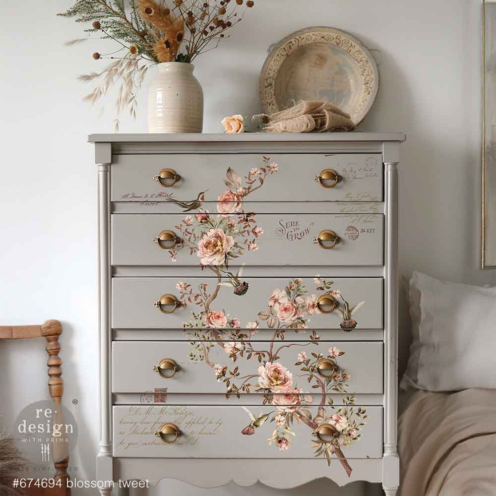Re-Design with Prima, Rub-On Decor Transfers, Blossom Tweet, Pink Roses, Birds, Soft Florals, Vintage Style, 24″x35″, cut into 4 sheets
