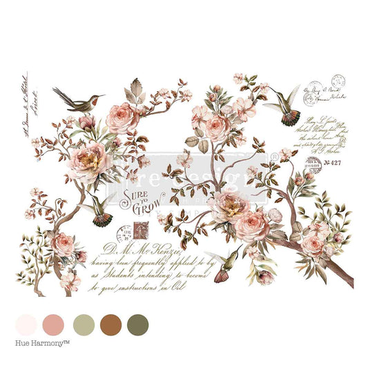 Re-Design with Prima, Rub-On Decor Transfers, Blossom Tweet, Pink Roses, Birds, Soft Florals, Vintage Style, 24″x35″, cut into 4 sheets