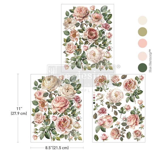 Re-Design with Prima, Middy Transfers, Blush Blossoms, Pink Roses, Flowers, Shabby chic, Vintage Style, 3 sheets, 8.5″x11″
