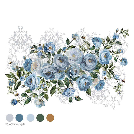 Re-Design with Prima, Rub-On Decor Transfers, Azure Blossom, Soft Blue, Florals, Vintage Style, 24″x35″, cut into 4 sheets