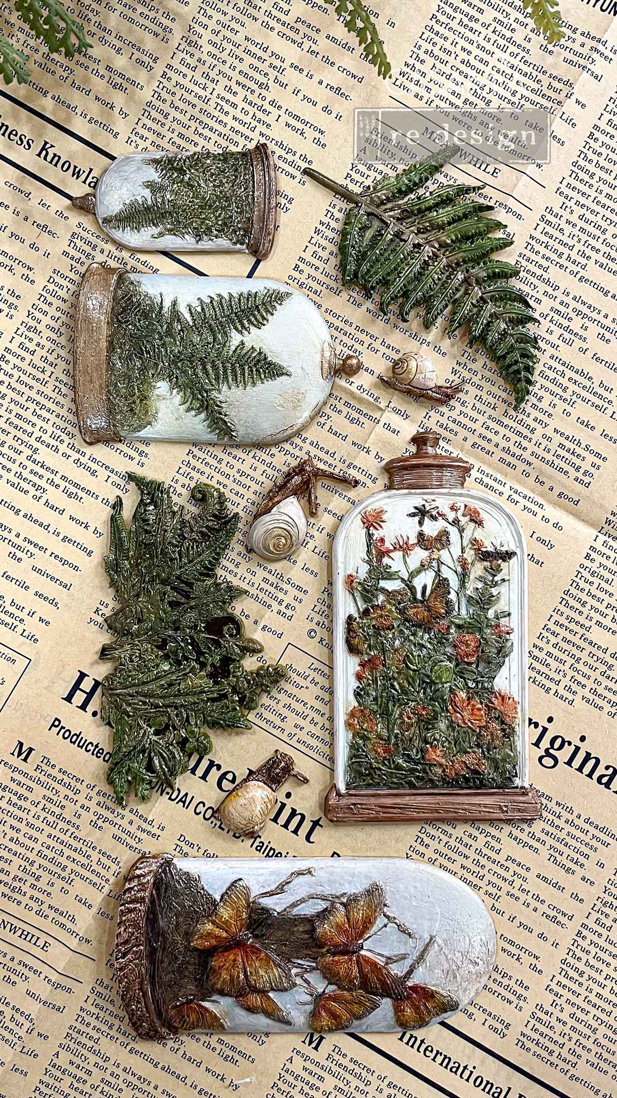 Redesign Prima, 2025, Elder Etchings, Decor Mould, Cloche jars, Ferns, Butterflies, 1 pc, 5″x10″x8mm, Food Safe, Decorations, Silicone Mold
