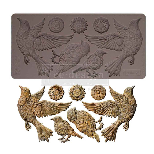 Re-Design with Prima, Gears of Flight, Birds, Steam Punk, Gears, Mechanical, Decorations, Food Safe, Silicone Mold, Decor Moulds, 1 pc 5″x10″
