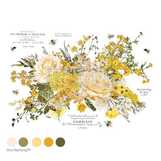 Re-Design with Prima, Rub-On Decor Transfers, Sunlit Serenade, Yellow Flowers, Soft Florals, Vintage Style, 24″x35″, cut into 4 sheets