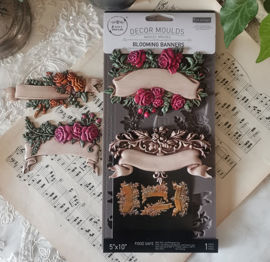 Re-Design with Prima, Blooming Banners, Flowers, Roses, Decorations, Food Safe, Silicone Mold Decor Moulds, 1 pc, 5″x10″