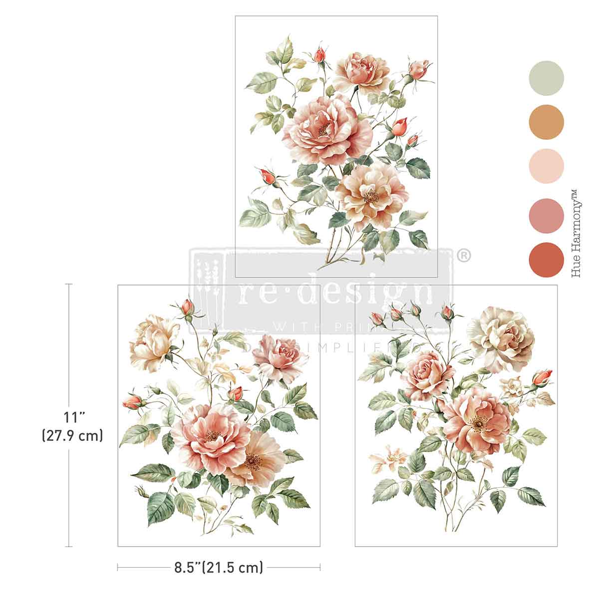 Re-Design with Prima, Middy Rub-on Transfers, Gentle Symphony, Pink Roses, Flowers, 3 sheets, 8.5″x11″