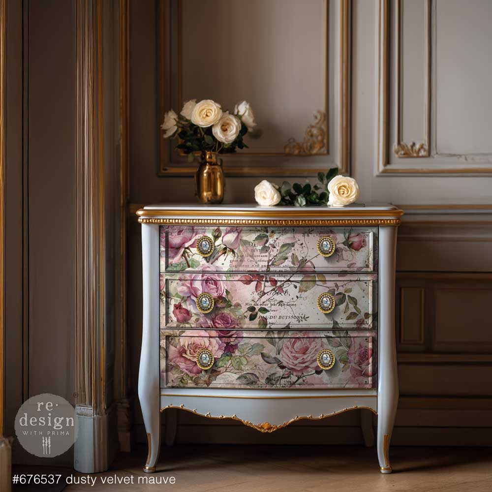 Re-Design with Prima, Double Delight Decoupage Fiber Paper Set, Dusty Velvet Mauve, Vintage Roses, 2 sheets, 19.5″x30″, 11.7″x16.5″