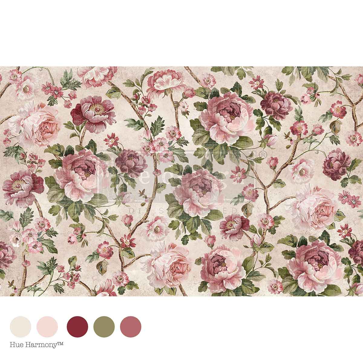Re-Design with Prima, Decoupage, Decor Tissue Paper, Kacha, Timeless Blooms, Pink Roses, 1 sheet, 19.5″x30″