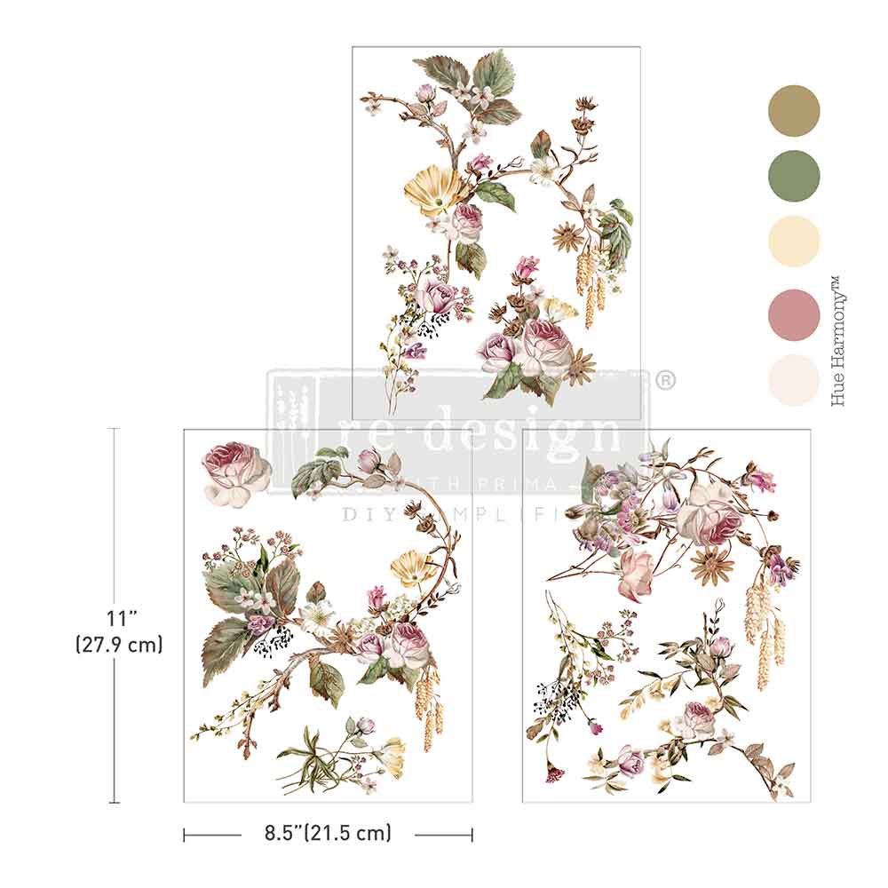 Re-Design with Prima, Middy Rub on Transfers, Rosette Royal, Roses, Vines, Flowers, Botanicals, 3 sheets, 8.5″x11″, 2025 Q3