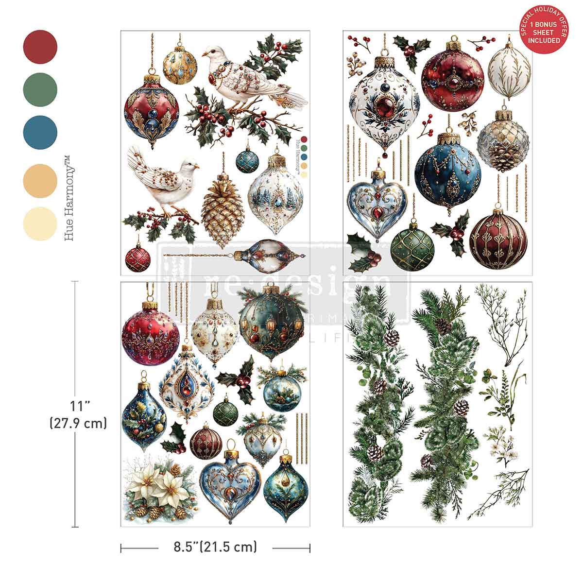 Re-Design with Prima, Middy Transfers, Gold, Gilded Elegance, Christmas, Ornaments, Baubles, Decorations, 3 sheets, 8.5″x11″