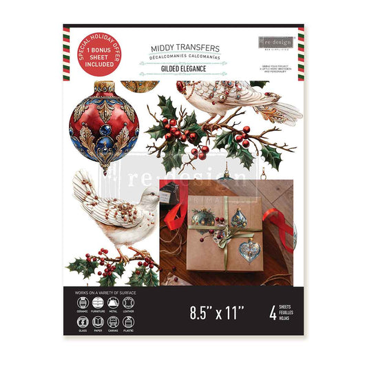 Re-Design with Prima, Middy Transfers, Gold, Gilded Elegance, Christmas, Ornaments, Baubles, Decorations, 3 sheets, 8.5″x11″