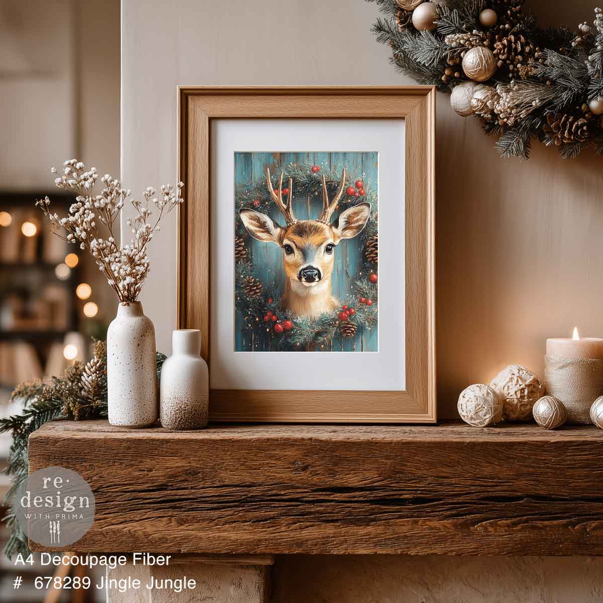 Re-Design with Prima, Decoupage Fiber Paper, Christmas, Jingle-Jingle, Reindeer, Holiday Wreath, A4, 8.27″x11.69″, 2025 Q4 Re-Design with Prima