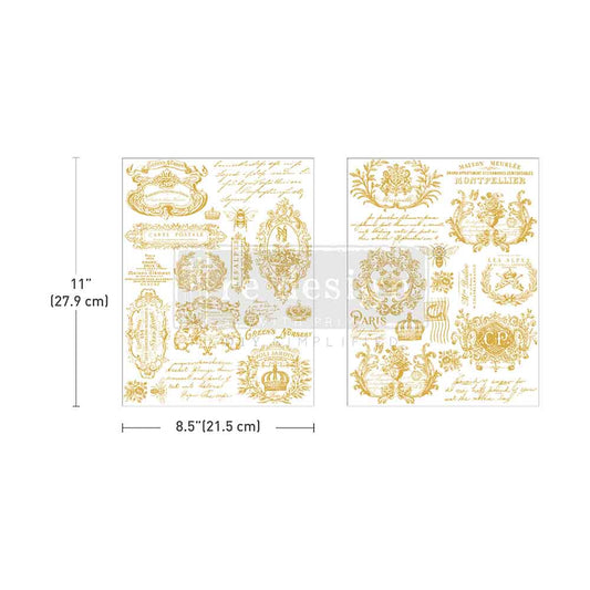 Re-Design with Prima, H2O Transfers Gold, Gilded Memories, 2 sheets, 8.5″x11″, Metallic, Rub on Transfers, Parisian, Typography, Crests