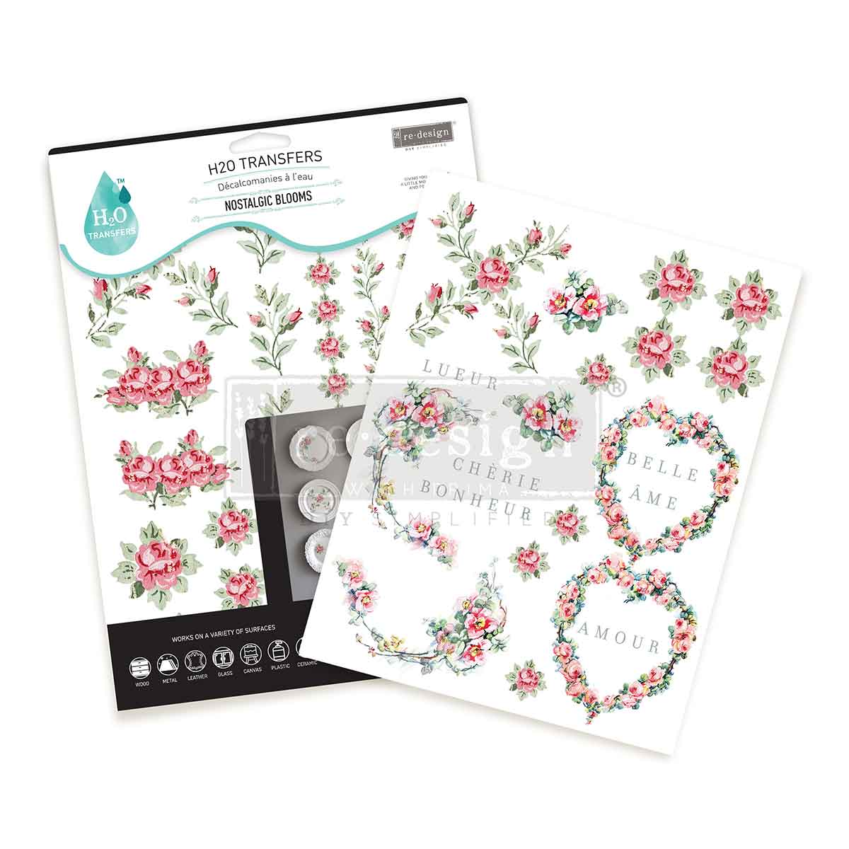 Re-Design with Prima, H2O Transfers, Nostalgic Blooms, 2 sheets, 8.5″x11″, Pink Flowers, Shabby Chic