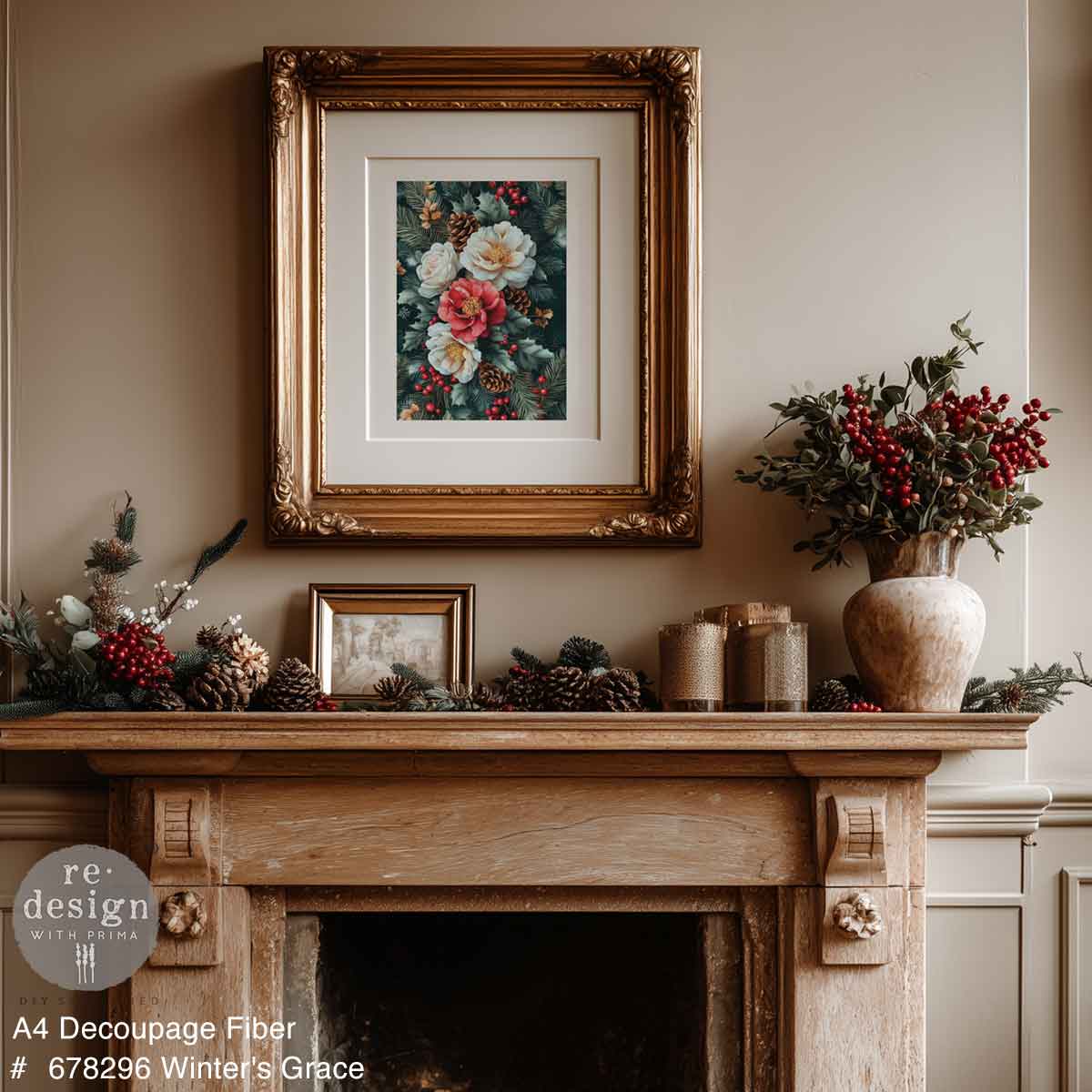 Re-Design with Prima, Decoupage Fiber Paper, Christmas, Winters Grace, Flowers, Florals, Holly, A4, 8.27″x11.69″, 2025 Q4 Re-Design with Prima