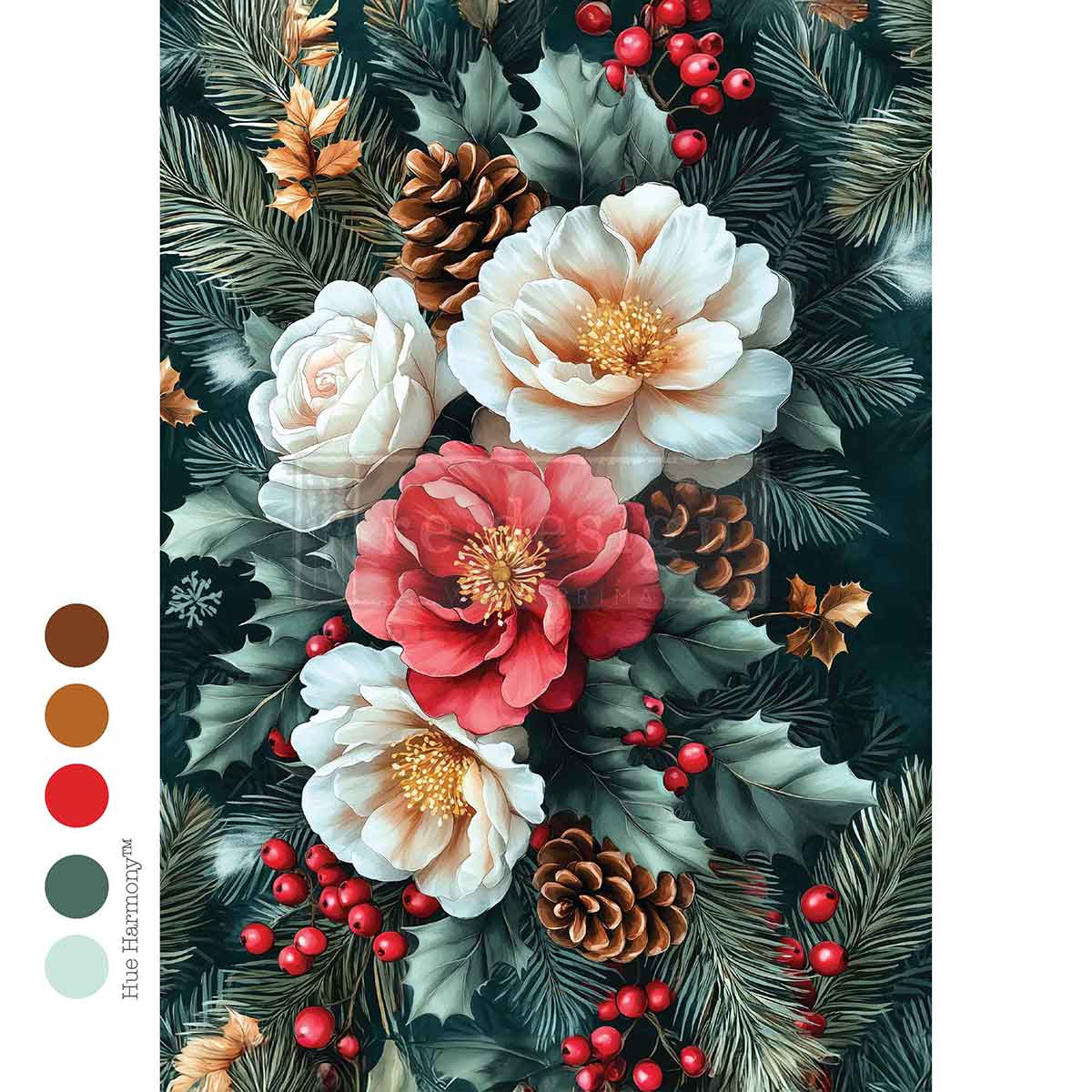Re-Design with Prima, Decoupage Fiber Paper, Christmas, Winters Grace, Flowers, Florals, Holly, A4, 8.27″x11.69″, 2025 Q4