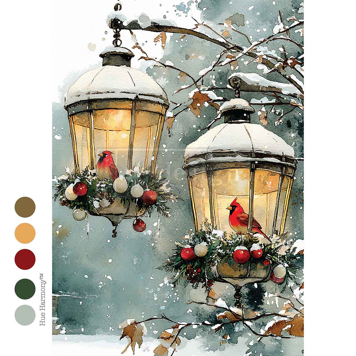 Re-Design with Prima, Decoupage Fiber Paper, Cardinal Christmas, Lanterns, Snow, Holly, Birds, A4, 8.27″x11.69″, 2025 Q4 Re-Design with Prima