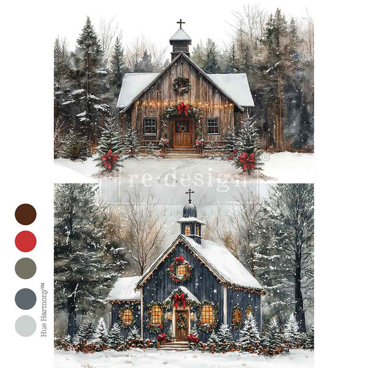 Re-Design with Prima, Decoupage Fiber Paper, Christmas In The Woods, Cabin, Church, Chapel, Winter Landscape,  A4, 8.27″x11.69″, 2025 Q4